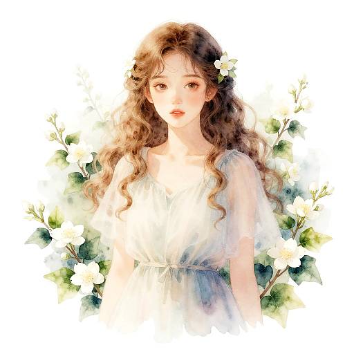 Delicate Watercolor Woman with Jasmine