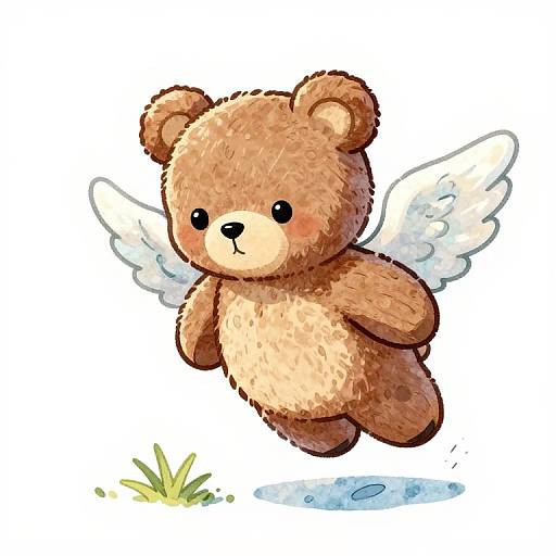 Cute, brown teddy bear with white wings, floating mid-air, small black eyes, simple smile, and light tan belly, digital illustration style