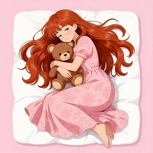 Digital anime-style drawing of a red-haired girl in a pink floral nightdress, lying on a white pillow, hugging a brown teddy bear.