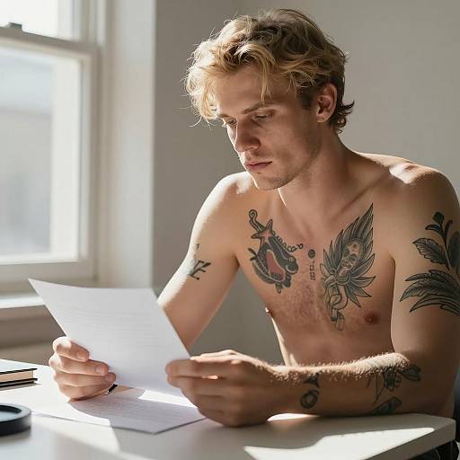 Shirtless Tattooed Man Reading Letter by Window