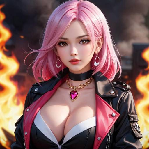 Anime Style Girl with Pink Hair and Fire Background
