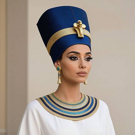 Digital artwork of a woman with olive skin, blue headdress, gold ankh ornament, blue and gold earrings, white top with blue and gold necklace