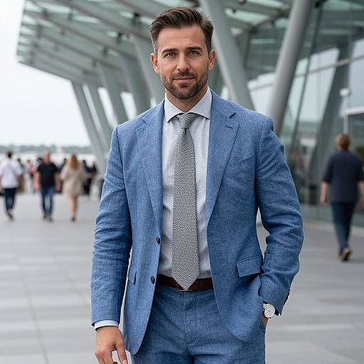 Photograph of a handsome, bearded man in a blue suit, white shirt, and patterned tie, walking in a modern, glass-covered urban
