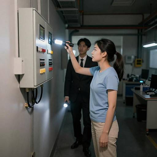 Woman inspecting control panel with flashlight in industrial hallway