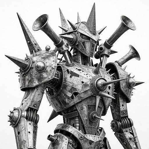 Highly detailed, black-and-white digital illustration of a heavily armored, spiked robot with multiple cannons on its shoulders, featuring intricate mechanical joints and textures.