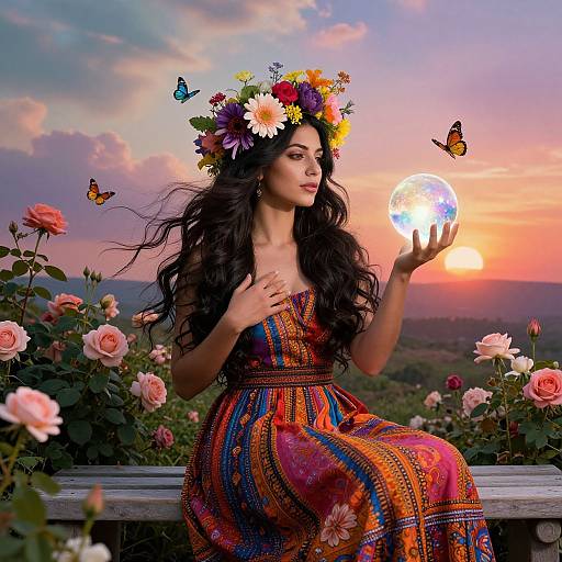 Photograph of a beautiful woman with long black hair, wearing a colorful floral dress and flower crown, holding a glowing orb, surrounded by butterflies, roses