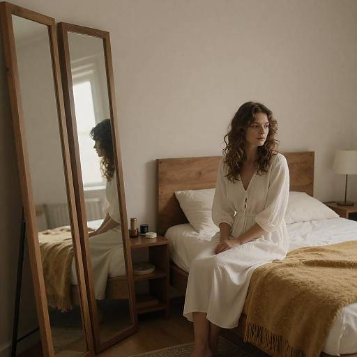 Calm Woman in Softly Lit Bedroom