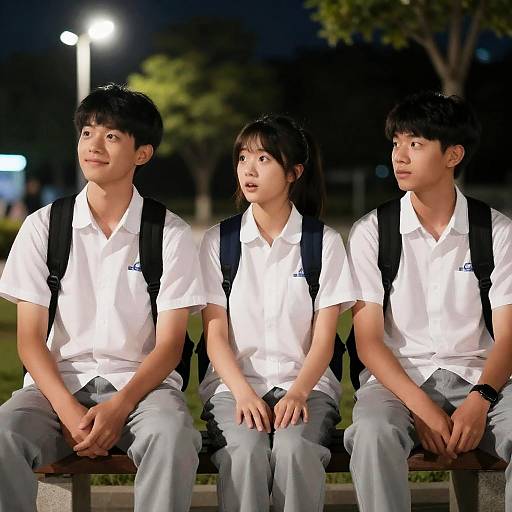 Teenagers on a Nighttime Bench