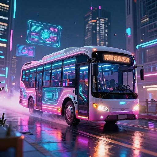 Neon-lit, futuristic cityscape photograph of a glowing, pink and blue public bus with illuminated signs and reflective wet streets.