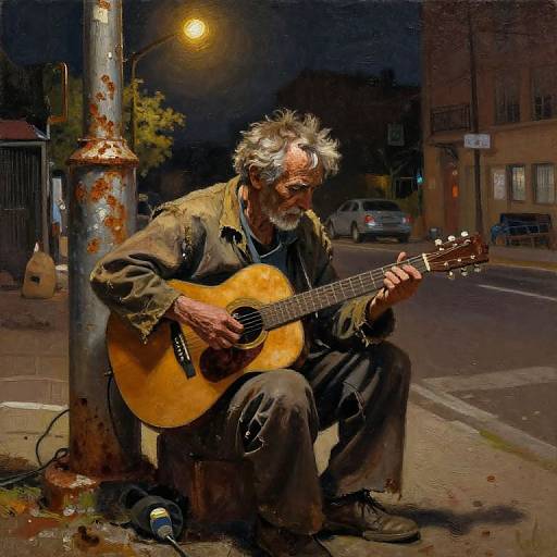 Photorealistic painting of an elderly, bearded man with gray hair, playing an acoustic guitar on a dimly lit, urban street corner at night