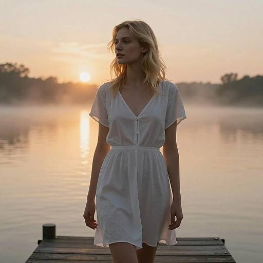 Photograph of a blonde woman in a white, V-neck, short dress standing on a wooden dock at sunrise, with a calm, misty lake