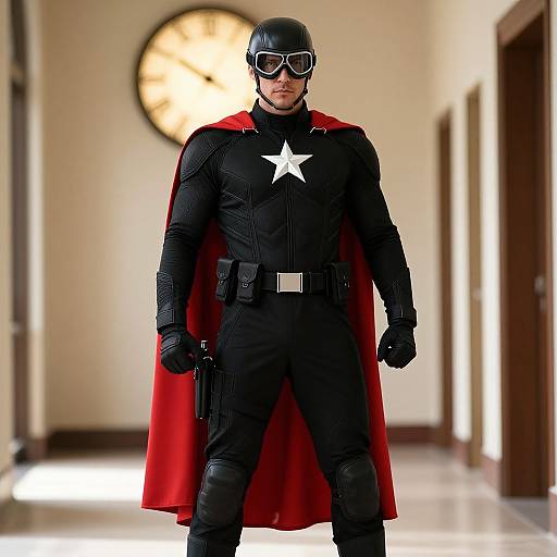 Photograph of a muscular man in black superhero costume with red cape, white star on chest, black helmet, and goggles, holding a gun, standing