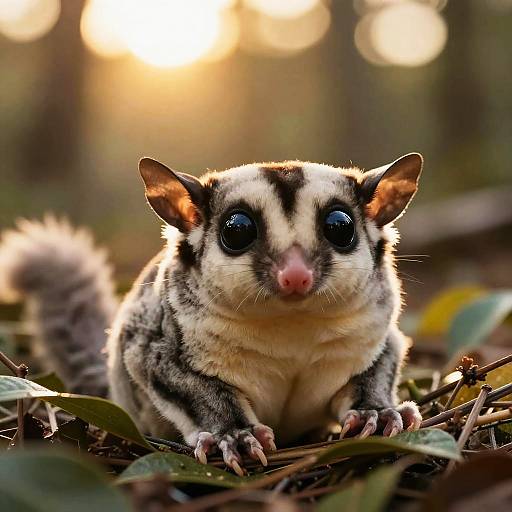 Photograph of a cute, small, striped possum with large black eyes, pink nose, and fluffy tail, sitting on forest floor, sunlight in