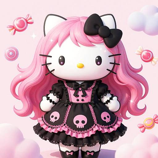Digital art of a chibi Hello Kitty with pink hair, black bow, goth dress with skulls, and pink accents, surrounded by floating candies.