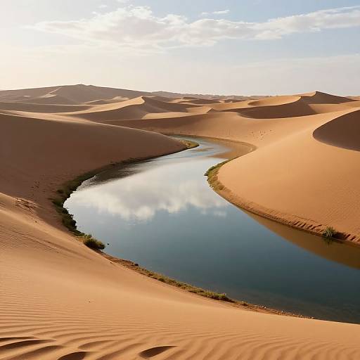 Photograph of a serene desert oasis with rippling sand dunes, a narrow reflective water channel, and a partly cloudy sky.