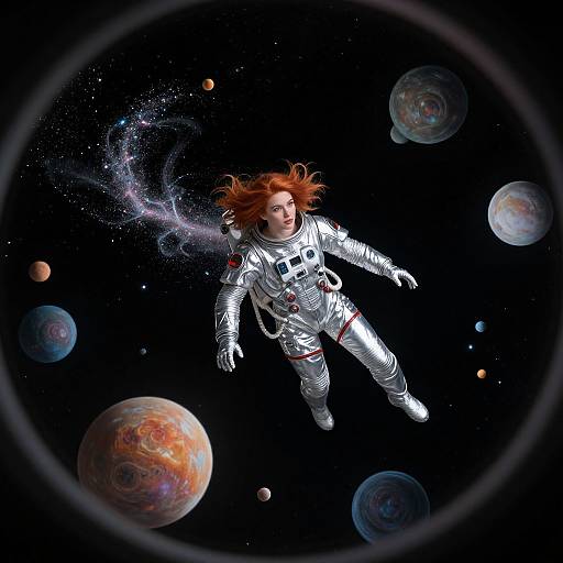 Photorealistic digital artwork of a red-haired woman in a silver spacesuit floating in space, surrounded by colorful planets and stars.