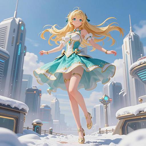 Anime Woman in Turquoise Dress Floating Above Futuristic City