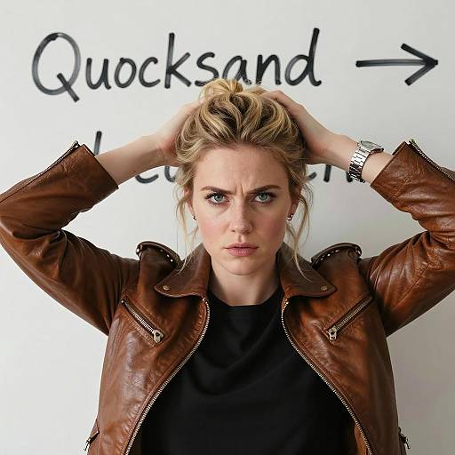 Woman in Leather Jacket with Intense Expression