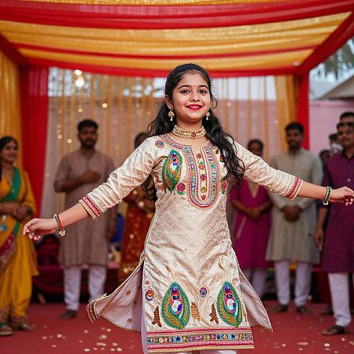 Photograph of a smiling Indian woman in a white, peacock-embroidered dress, dancing in a red and yellow draped room, surrounded by
