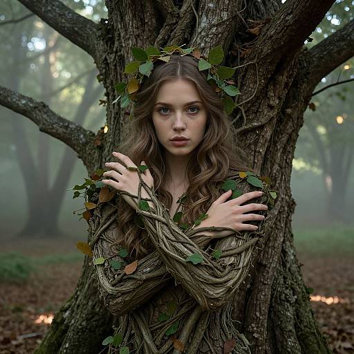 Photorealistic digital artwork of a young, fair-skinned woman with wavy brown hair, adorned with leaves, embracing a tree in a misty