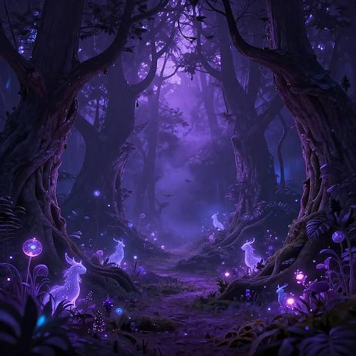 Magical, twilight forest scene with glowing purple-blue fireflies, ethereal deer, and bioluminescent mushrooms, framed by dark, twisted trees