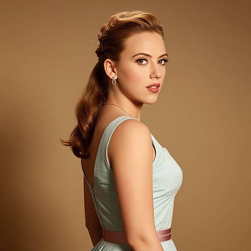 Photograph of a beautiful woman with fair skin, brown hair in an elegant updo, wearing a light blue sleeveless dress, looking over her shoulder