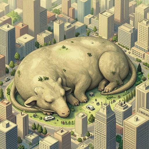 Digital illustration of a massive, sleeping, pale beige rhinoceros in a densely packed cityscape, surrounded by tiny buildings, cars, and trees