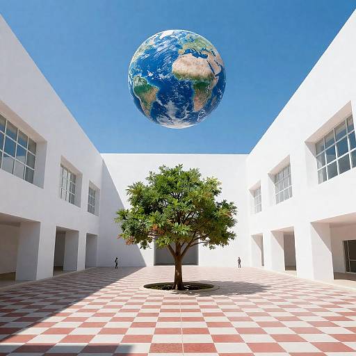 Surreal Courtyard with Floating Earth