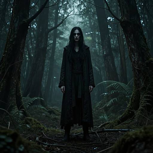 Dark, eerie photograph of a mysterious woman with long black hair, wearing a long, dark coat, standing in a foggy, dense forest with fern