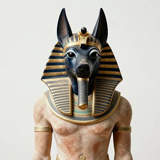 Photograph of a statue depicting an Anubis figure, with a black jackal head, gold and black striped headdress, and detailed, tan