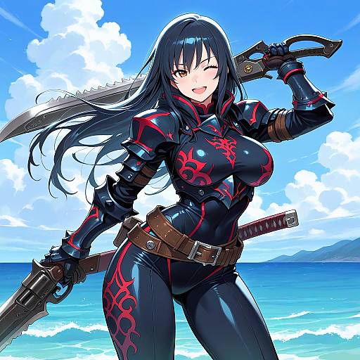 Anime-style digital drawing of a confident, winking, black-haired woman in a black, red-accented, form-fitting suit holding a large