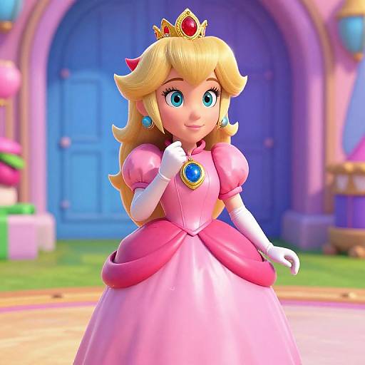 Digital CGI of Princess Peach from Mario series, with blonde hair, blue eyes, pink gown, white gloves, gold crown, and blue gem, standing