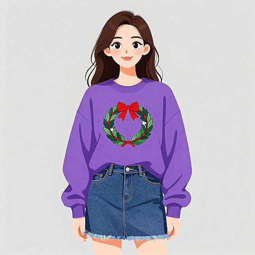 Digital illustration of a smiling woman with long brown hair, wearing a purple sweater with a red bow and green wreath, and a blue denim skirt,