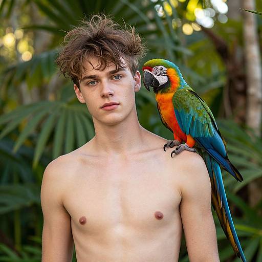 Photograph of a shirtless young man with messy brown hair, fair skin, and blue eyes, standing in front of lush greenery, with a
