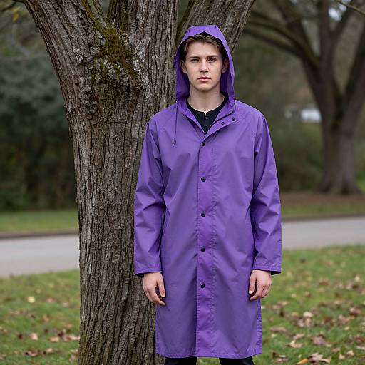 Young Man in Purple Raincoat