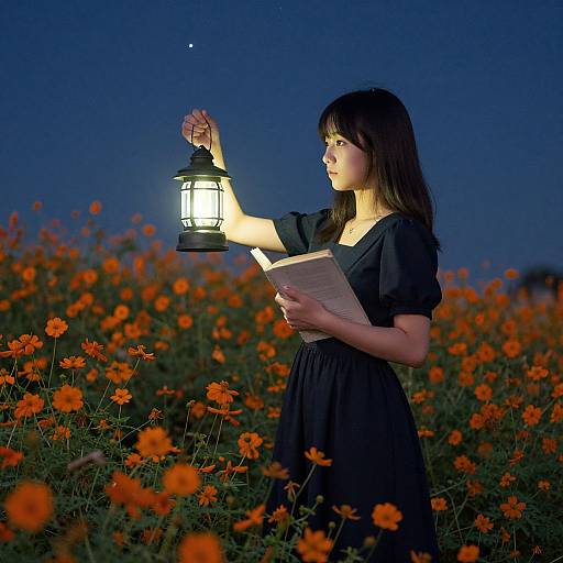 Photograph of an Asian woman in a black dress holding a lantern and book, standing in a night-time field of orange flowers.