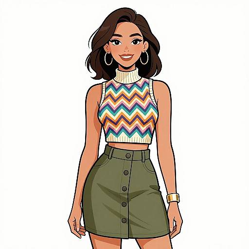 Digital illustration of a smiling woman with wavy brown hair, wearing a zigzag-patterned crop top, olive green high-waist skirt, hoop