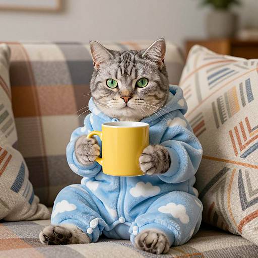 Cozy Cat in Cloud-Patterned Onesie