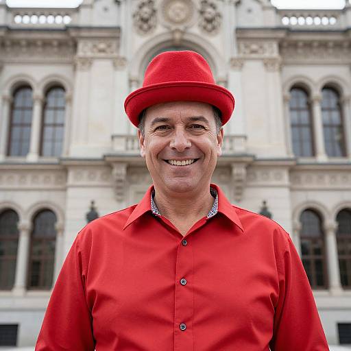 Photograph of a smiling middle-aged man with fair skin, wearing a bright red hat and red shirt, standing in front of an ornate, classical