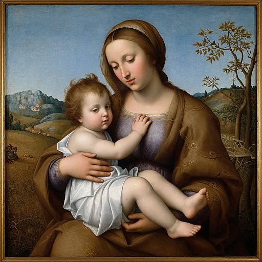 Renaissance painting of a fair-skinned mother in brown dress holding a chubby, fair-skinned baby in white dress, against a blue sky and