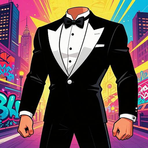Digital comic-style artwork of a headless man in a black tuxedo with white shirt, standing in a vibrant, neon-lit city street.