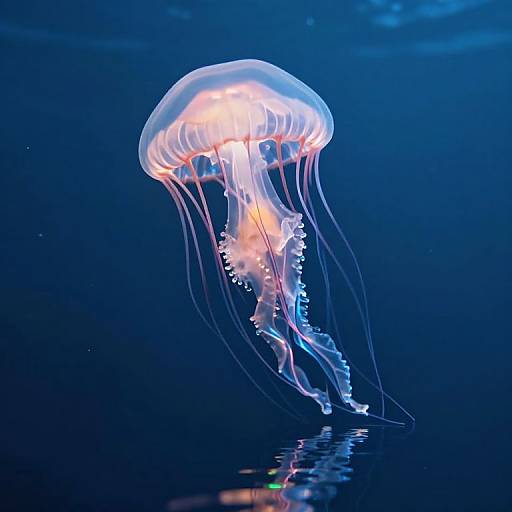 Photograph of a glowing, translucent jellyfish with pink and white lights, floating against a deep blue underwater background.