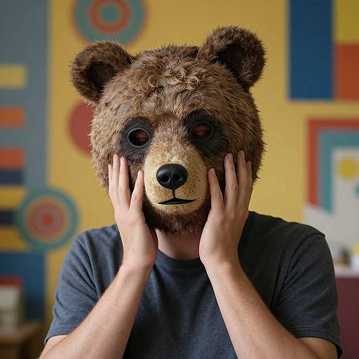 Photograph of a person wearing a detailed brown bear mask with black nose and eyes, hands touching mask, blue shirt, colorful background.