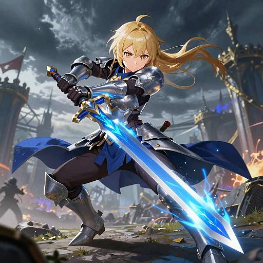 Anime-style digital artwork of a blonde warrior woman with glowing blue sword, armored in silver and black, in a dramatic, battle-scarred landscape.