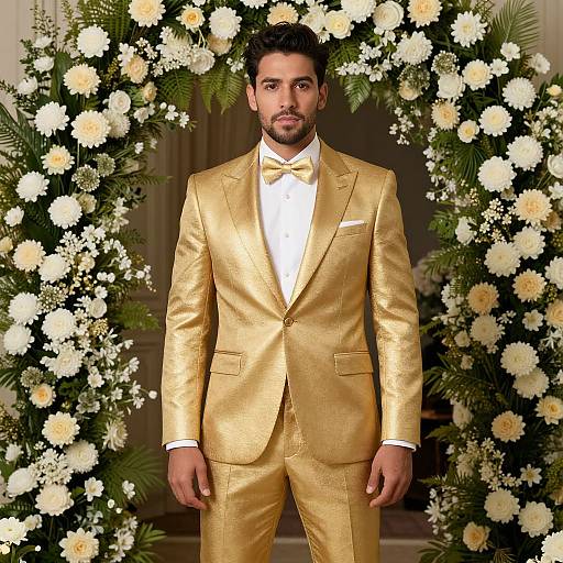 Photograph of a handsome man with dark hair and beard, wearing a shiny gold suit, white shirt, and bow tie, standing in front of an