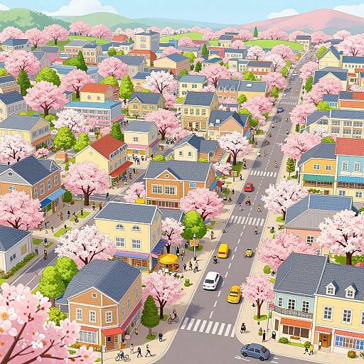 Colorful digital illustration of a suburban street lined with cherry blossom trees, pastel-colored houses, and people walking and driving.