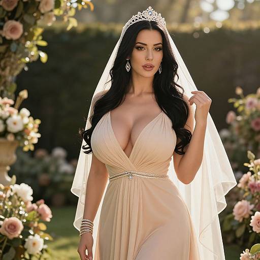 Photograph of a curvy woman with large breasts, long black hair, wearing a deep V-neck beige gown, tiara, and veil, standing