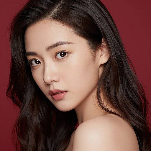 Photograph of a young Asian woman with long, black hair, fair skin, and brown eyes, looking directly at the camera against a solid red background