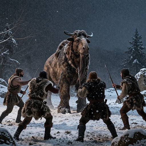 Photograph of five armed, fur-clad warriors in snowy forest, facing a large, fierce bison with horns, holding spears, snow falling