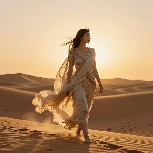Photograph of a woman in a flowing beige saree walking through golden desert sand at sunset, with wind blowing through her hair.